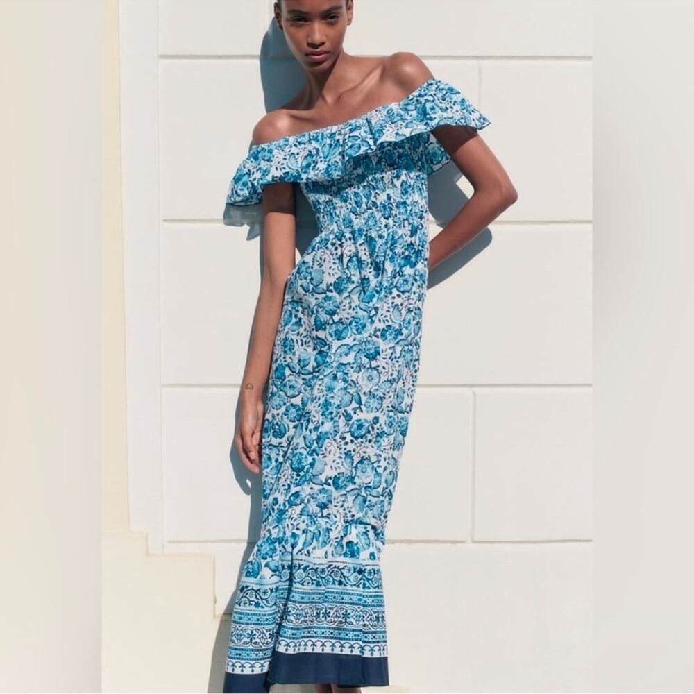 ZARA FLORAL PRINT OFF THE SHOULDER DRESS - Picture 10 of 12
